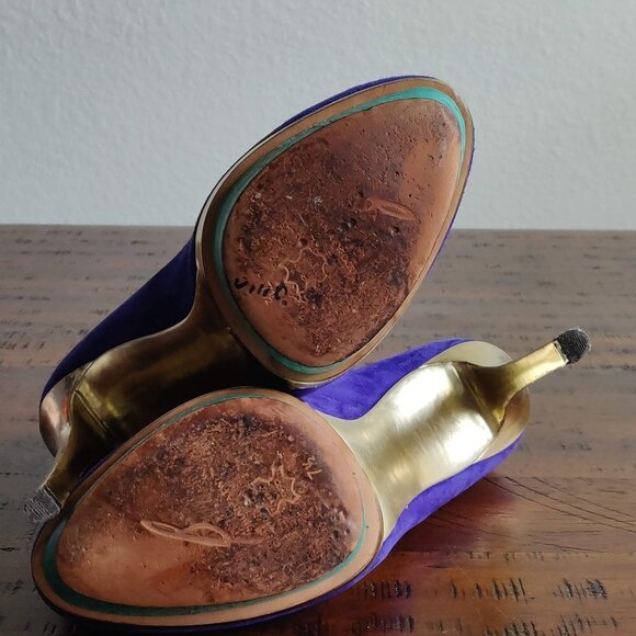 Brian Atwood Blue Suede Colorblock Fontanne Platform Pumps 7.5 Gold aqua green - Picture 10 of 11